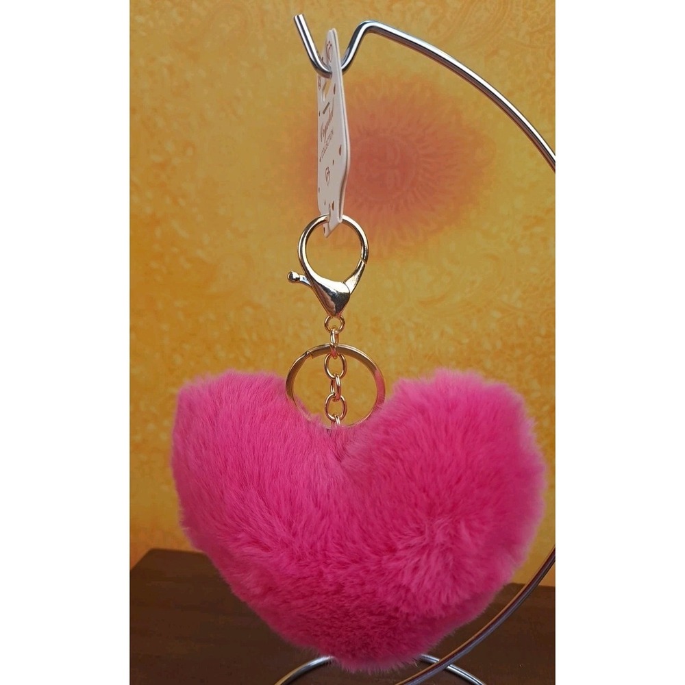 Crystal Collection Dark Pink Heart Shaped Pompom‎ Keychain Purse Charm Backpack